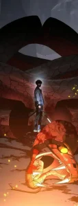 Hero Has Returned manhwa cover evil hero standing over burning city