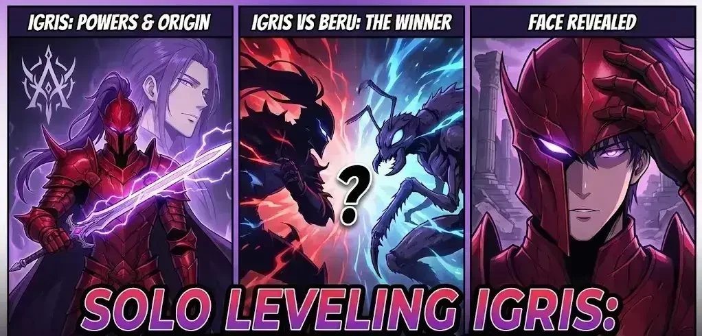Solo Leveling Igris vs Beru battle comparison showing the Blood Red Commander fighting the Ant King